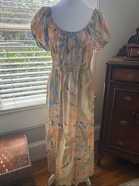 H&M Beige Maxi Dress with Multicolor Tropical Leaf Print